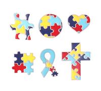 Broches de sensibilisation pièces de puzzle avec bordure | Six silhouettes distinctes, des accents de cœur et de ruban, des options coordonnées pour le partage et les dons