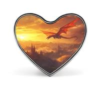 Broches en forme de cœur amusant avec château et dragon au coucher du soleil, épingles personnalisées pour chemise, revers de
