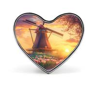Broches en métal représentant un moulin à vent hollandais au coucher du soleil | Broches en forme de cœur | Accessoires pour vêtements, bijoux et cadeaux pour femmes et hommes