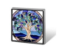 Broches et épingles unisexes Arbre de Vie en vitrail, bleus et violets profonds, carrées et légères, à porter comme bijoux sur vêtements, châles et chapeaux.