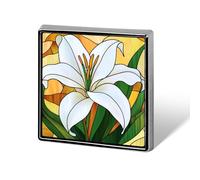 Broches et épingles unisexes en vitrail représentant un lys de Pâques, carrées et légères, à porter comme bijoux sur vêtements, châles et chapeaux.