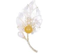 Broches pour femmes, 14K Gold High-end Natural Pearl Shell Leaf Brooch, Vintage Chinese Style Elegant Qipao Dress Pin Accessory,(Yellow)