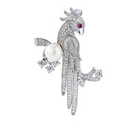 Broches pour femmes, 14K Gold Unique Parrot Design Brooch, Moissanite & Freshwater Pearl Collar Pin, Handmade High-End Fashion Embellishment for Blazer, Dress & Special Events(White Gold)