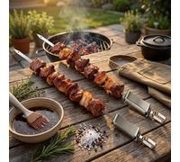 Brochettes de barbecue robustes en acier inoxydable avec tige poussoir - Outils de barbecue plats en métal pour shish kabob, accessoires de barbecue réutilisables passent au lave-vaisselle pour