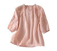 Brodée Chemisier en Coton et Lin à Manches Courte Femme Blouse Vintage Décontractés avec Boutonné Chic et Élégant Hauts Col Rond Fleurs Brodée Rétro T-Shirt Lâche Respirant Coton Lin Confortables