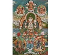 Broderie en Soie Bouddhisme tibétain Thangka 4 Bras Guanyin Kwan-Yin Tangka Yoga Tapisserie Bouddhiste tenture Murale Art décor à la Maison Tapisserie