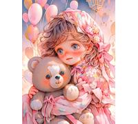 Broderie Point de Croix Kit, Poupée Fille Et Ours De Dessin Animé,J,40*50cm Kit Broderie Point de Croix Compté Pré Imprimé Enfant Débutant Adulte Kit Canevas Complet Avec Fils au Point de Croix