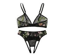 Broderie + string de dessin animé longueur d'entrejambe femmes string ouvert soutien-gorge sous-vêtements dentelle ensemble, Noir , S