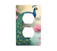 BROLEO Beau panneau mural décoratif à double prise imprimé paons et lotus - Durable et adapté pour les accessoires d'interrupteur de douille - 11,4 x 7 cm