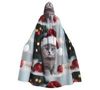BROLEO Cape à capuche pour adulte avec imprimé chat gris dans un chapeau de Père Noël, sans fermeture éclair, confortable pour les fêtes costumées