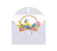 BROLEO Carte de vœux blanche avec imprimé oiseau coloré dans un panier de fleurs, parfaite pour la Saint-Valentin, un anniversaire de mariage et des invitations de fête
