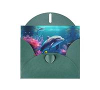 BROLEO Carte de vœux vert foncé avec image de dauphins de corail pour Noël, anniversaire d'enfant, Saint-Valentin et invitation à une fête
