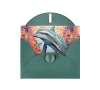 BROLEO Carte de vœux vert foncé avec motif dauphins par les imprimés corail, parfaite pour la Saint-Valentin, un anniversaire de mariage et des invitations de fête