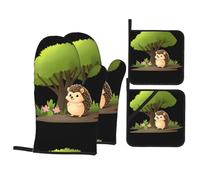 BROLEO Ensemble de pâtisserie de cuisine avec motif petit hérisson sous l'arbre de fleurs, gants de four, épais et isolés quatre pièces