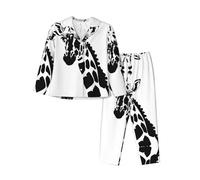 BROLEO Ensemble de pyjama à manches longues pour femme, motif girafe noir et blanc. Taille : le tissu est doux, respirant et confortable, Noir , XL