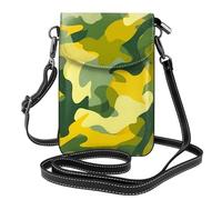 BROLEO Imprimé camouflage jaune et vert - Téléphone portable pour femme avec prépuce en cuir - Étui à rabat en bandoulière - Petite bandoulière réglable