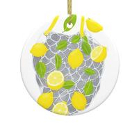 BROLEO Lemons falling from the net bag - Pendentif rond en céramique à suspendre en forme de sapin de Noël - 7,4 cm - Équipé d'un cordon métallique doré durable