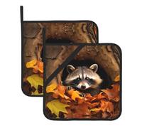 BROLEO Lot de 2 maniques 20,3 x 20,3 cm - Accessoires de cuisine résistants à la chaleur et durables avec motif raton laveur en tissu imperméable dans le trou d'arbre d'automne