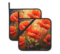 BROLEO Lot de 2 maniques isolantes carrées imprimées coquelicots en fleur, 20,3 x 20,3 cm, épais et durable, anti-brûlure et isolation thermique