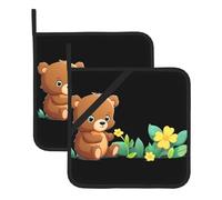 BROLEO Lot de 2 maniques isothermes carrées Baby Bear regardant une petite fleur, 20,3 x 20,3 cm, épais et durables, anti-brûlure et isolation thermique