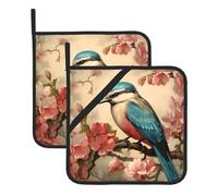 BROLEO Lot de 2 maniques isothermes carrées vintage avec imprimé oiseau et fleur, 20,3 x 20,3 cm, épais et durable, anti-brûlure et isolation thermique