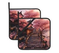 BROLEO Lot de 2 tapis de pot carrés avec impression de fleurs de cerisier isolés, épais, imperméables, faciles à nettoyer