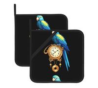 BROLEO Lot de 2 tapis de pot carrés avec motif perroquet assis sur une vieille horloge pendule, isolé, épais, imperméable, facile à nettoyer