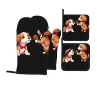 BROLEO Lot de 4 maniques et maniques Motif chien envoyant des fleurs Épais et durable, anti-brûlure et isolant thermique
