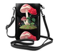 BROLEO Motif roses champignons qui poussent ensemble - Téléphone portable pour femme avec prépuce en cuir - Étui à rabat en bandoulière - Petite bandoulière réglable
