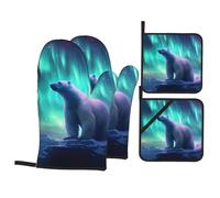 BROLEO Northern Lights Ensemble de 4 pièces de cuisine Motif ours polaire - Gant de cuisine isolé et manique anti-brûlure et isolation thermique