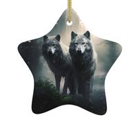 BROLEO Pendentif de Noël en céramique avec deux loups et étoile - Facile à accrocher - Idéal pour décorer les arbres de Noël