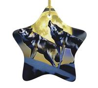 BROLEO Pendentif de Noël en céramique avec deux loups sifflant à la lune, facile à accrocher, très approprié pour décorer les arbres de Noël