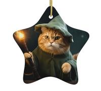 BROLEO Pendentif en forme d'étoile en céramique avec motif chat magicien - Facile à accrocher, très approprié pour décorer les arbres de Noël