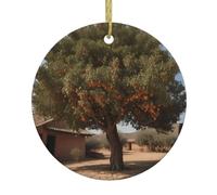 BROLEO Pendentif rond en céramique à suspendre en forme d'arbre de Noël datant dans le jardin - 7,4 cm équipé d'un cordon métallique doré durable