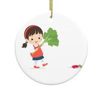 BROLEO Pendentif rond en céramique à suspendre en forme d'arbre de Noël en forme de petite fille tirant des radis - 7,4 cm - Équipé d'un cordon en fil doré durable