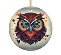 BROLEO Pendentif rond en céramique à suspendre en forme de hibou d'amour - 7,4 cm - Équipé d'un cordon métallique doré durable
