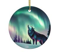 BROLEO Pendentif rond en céramique à suspendre en forme de loups hurlant dans les aurores boréales du Nord - 7,4 cm - Équipé d'un cordon métallique doré durable