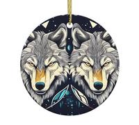 BROLEO Pendentif rond en céramique à suspendre en forme de sapin de Noël avec deux loups - 7,4 cm - Équipé d'un cordon en fil doré durable