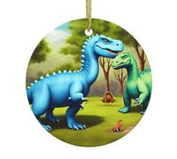 BROLEO Pendentif rond en céramique à suspendre en forme de sapin de Noël avec dinosaure d'amour - 7,4 cm - Équipé d'un cordon métallique doré durable