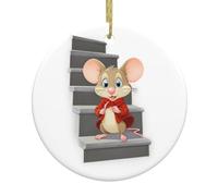 BROLEO Pendentif rond en céramique à suspendre en forme de sapin de Noël avec inscription « Little Mouse on the stairs » - 7,4 cm - Équipé d'un cordon métallique doré durable