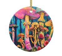 BROLEO Pendentif rond en céramique à suspendre en forme de sapin de Noël avec motif champignons colorés - 7,4 cm - Équipé d'un cordon en fil doré durable