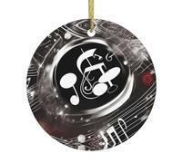 BROLEO Pendentif rond en céramique à suspendre en forme de sapin de Noël avec symboles musicaux d'amour - 7,4 cm équipé d'un cordon en fil doré durable