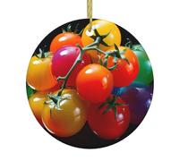 BROLEO Pendentif rond en céramique à suspendre en forme de sapin de Noël avec tomates colorées - 7,4 cm - Équipé d'un cordon en fil doré durable