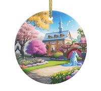 BROLEO Pendentif rond en céramique à suspendre motif arbre de Noël licorne conte de fées - 7,4 cm équipé d'un cordon en fil doré durable