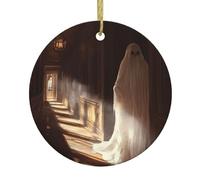 BROLEO Pendentif rond en céramique à suspendre Motif fantômes dans le couloir Arbre de Noël 7,4 cm Équipé d'un cordon métallique doré durable