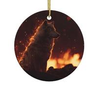 BROLEO Pendentif rond en céramique à suspendre Motif loups en flammes 7,4 cm Équipé d'un fil doré durable