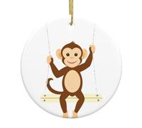 BROLEO Pendentif rond en céramique à suspendre Motif petit singe sur la balançoire Arbre de Noël 7,4 cm Équipé d'un cordon métallique doré durable