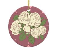 BROLEO Pendentif rond en céramique à suspendre Motif rose d'amour Blanc 7,4 cm Avec cordon en fil doré durable