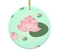 BROLEO Pendentif rond en céramique motif fleurs de lotus attendant de fleurir - 7,4 cm équipé d'un câble métallique doré durable pour l'accrocher facilement aux arbres de Noël