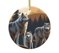BROLEO Pendentif rond en céramique motif loups - 7,4 cm - Équipé d'une corde métallique dorée durable pour l'accrocher facilement aux arbres de Noël